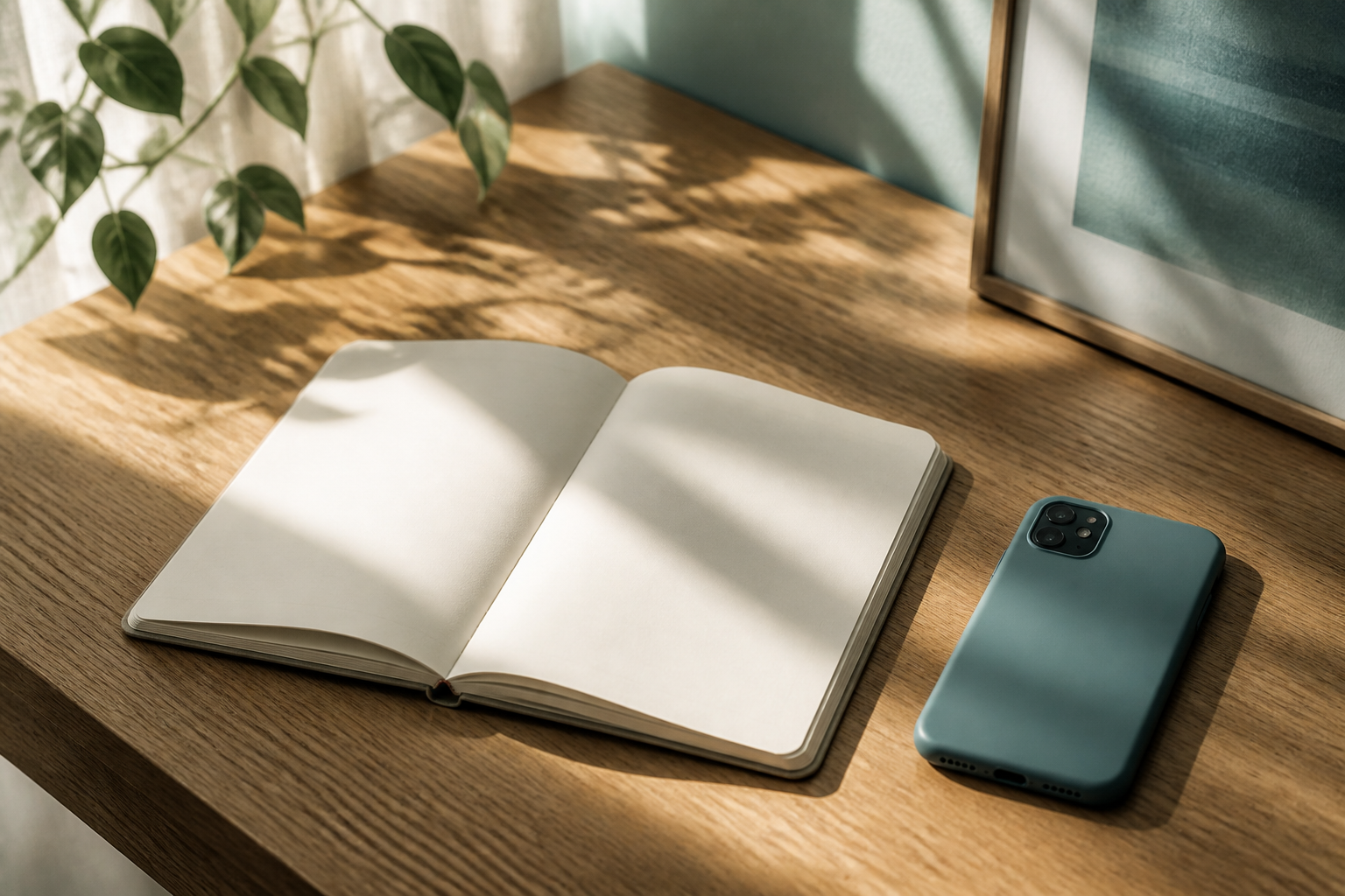 Notebook and phone face down on a sunny desk